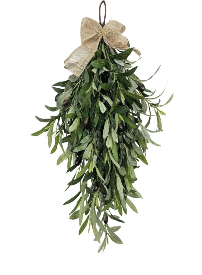 Rotroyce Artificial Olive Branch Wreath Teardrop Swag 24 Inch, Faux Greenery Hanging Pendant for Front Door, Wedding Arch, Window & Wall Decor, Year-Round Indoor/Outdoor Farmhouse Porch Decoration (Green) - Image 1
